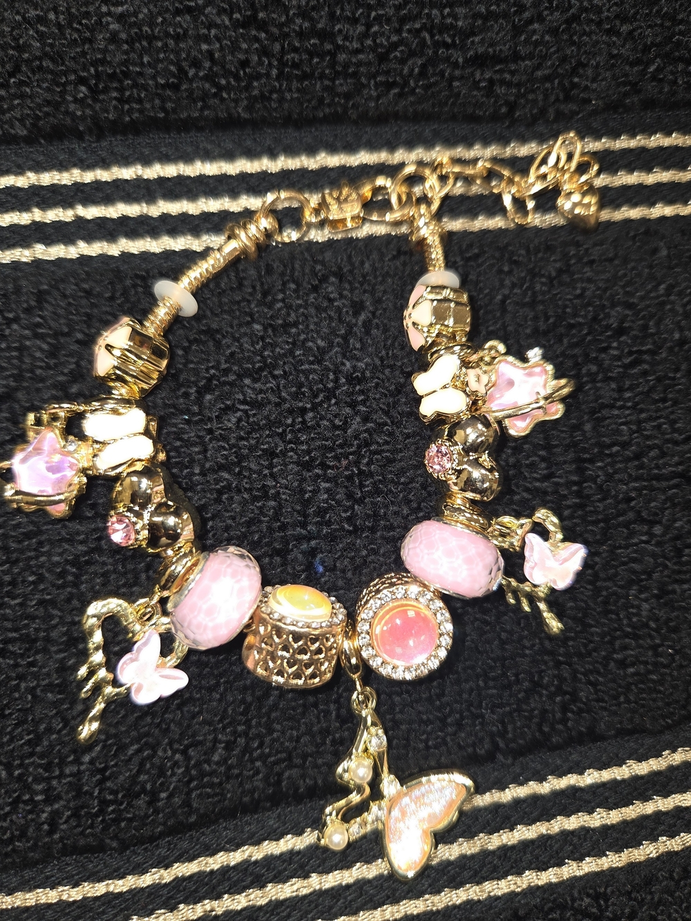 Gold-Tone Pink Enamel Butterfly Charm Bracelet